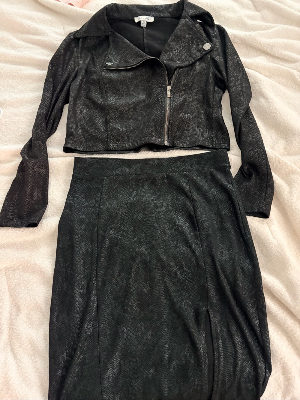 She + Sky Black Faux Snakeskin moto jacket and skirt set